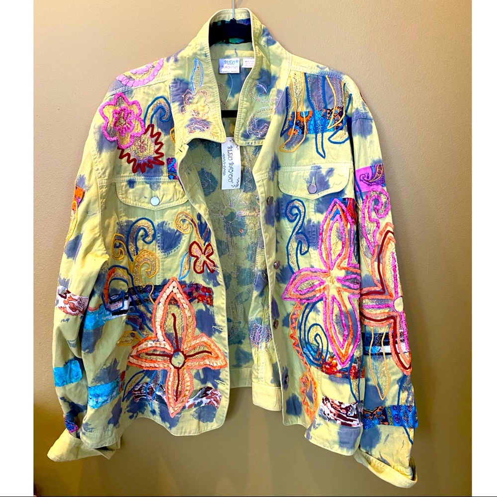 Blue Bayou | Green & Yellow embroidered button down Jacket
